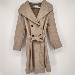 Zara Hooded Belted Midi Pea Coat Oatmeal Sz L Casual Work Fall Winter Peasant
